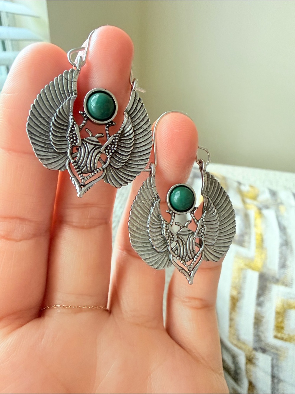 Silver Winged Drop Earrings with Green Stone -  Jewelry - Picture 8 of 9